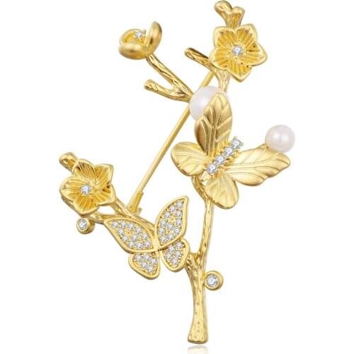 Zircon Pearl Flower Butterfly Brooches For Women New Copper Brooch Pins Fashion Clothing Jewelry accesorios mujer 2020