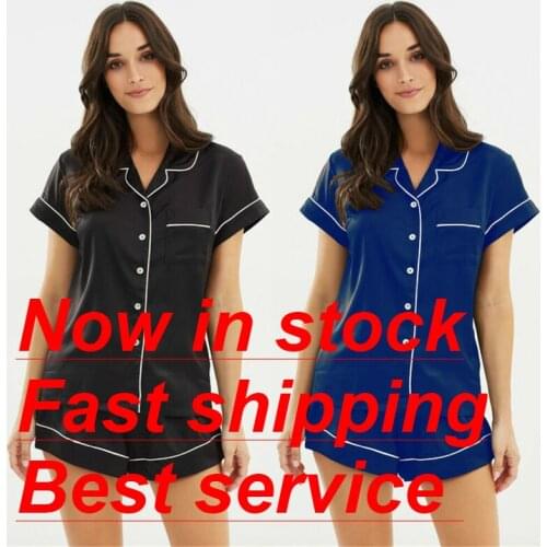 WWomens Satin Silk Pajamas Set Short Sleeve Button-Down Pj Set Sleepwear Loungewear 2PCs Pjs with Pocket Casual Outfits