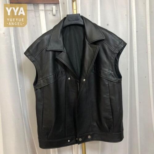 Women Casual Sleeveless Genuine Leather Jacket Lapel Collar Loose Fit Sheepskin Vest Tops Ladies Streetwear Waistcoat Outerwear