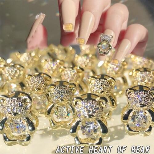 3PCS Beating Heart Small Bear 3D Alloy Nail Art Decorations Spin Crystal Nail Jewelry Zircon Rhinestone Manicure Accessories