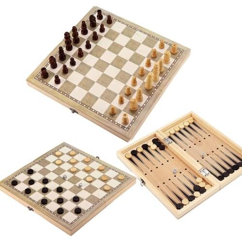 3 in 1 Foldable Wooden Chess Board Set Travel Games Chess Backgammon Checkers Toy Chessmen Entertainment Game Board Toys Gift