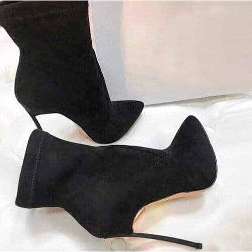 2018 Newest Faux Black Suede Leather Women Pointy Toe Ankle Boots Sexy High Heel Boots Slip On Stretch Boots Stiletto Boots 12CM