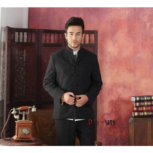 Fashion Gray Mens Long sleeve Chinese style Wool Jacket Kung Fu Coat Solid Simple Style Tang Suit Size S M L XL XXL XXXL