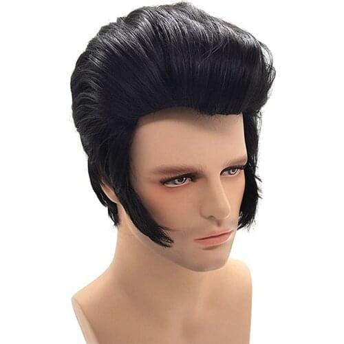 Mens Rock Singers Elvis Aron Presley Cosplay Wig Party Elvis Presley Black Synthetic Party Hair Wig + Wig Cap