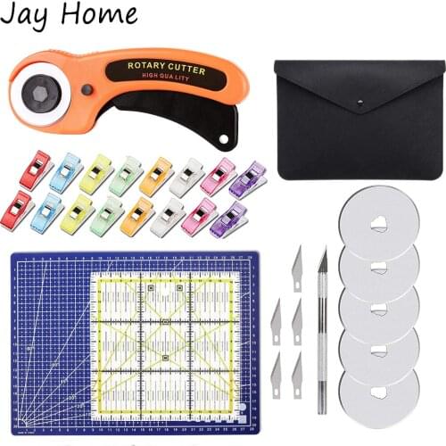 45mm Rotary Cutter Kit with 5pcs Blade & Patchwork Ruler & Sewing Clips & Cutting Mat & Carving Knife for Fabric Sewing Craft