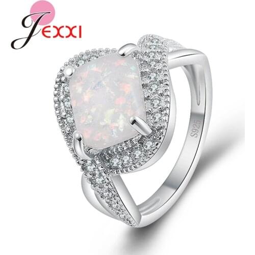 Real Pure 925 Sterling Silver Rectangle White Fire Opal Rings for Women High Quality Wedding Engagement Anillos Jewelry