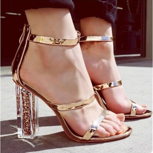 Latest Women Open Toe Strappy Ankle Strap Gold Sandals Crystal Transparent Clear Block Thick High Heel Wedding Shoes