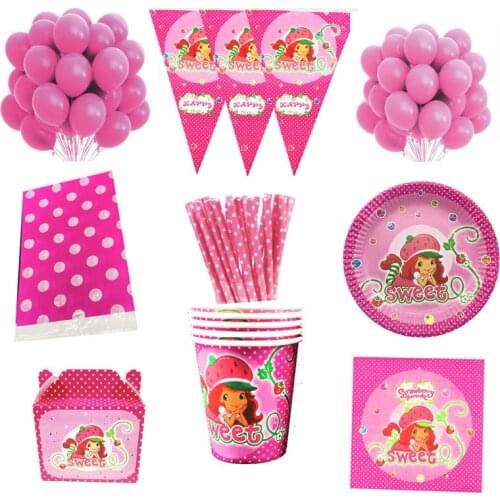 87pcs Shortcake Disposable Tableware Strawberry Party Decorations Kids Birthday Party Supplies Baby Shower Decoration