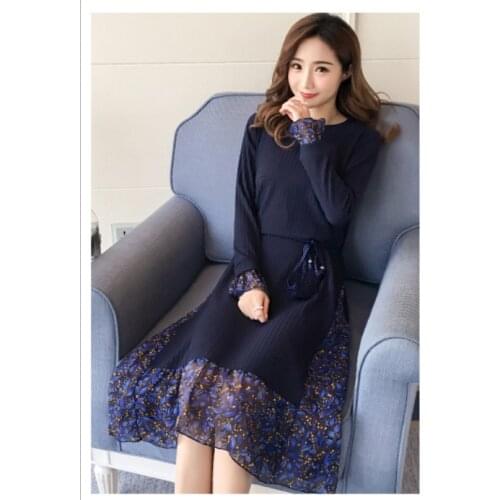 2020 Autumn and Winter Floral Chiffon Knitted Nursing Dress For Pregnant Women Sweater Long sleeve Maternity Breastfeeding Dress