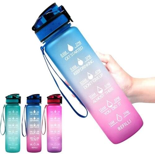 1L Sports Water Bottle Gradient Color Tritan Plastic BPA Free Outdoor My Drink Bottle With Time Scale Reminder Gym Jug Leakproof