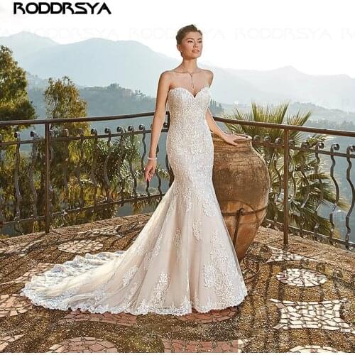 RODDRSYA Robe de Mariee Strapless Mermaid Wedding Dress Appliques Tulle Vestido de Noiva Sereia Vintage Bruidsjurken Bridal Gown