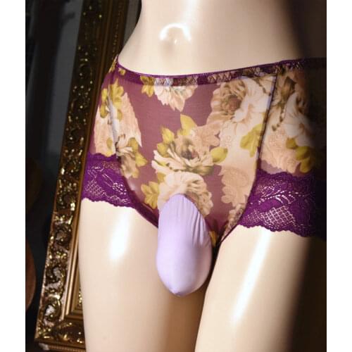 Sexy Lace Panties Sissy Mesh U Convex Pouch Sheath Cock Ring Sheer Men Briefs Breathable Comfortable Thong Lingerie Plus Size