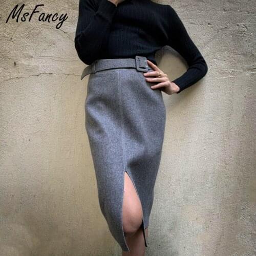 Winter 2020 Fashion Woolen Skirt Women Elegant High Waist Front Split Midi Skirt With Belt Official Ladies Outfit 2810