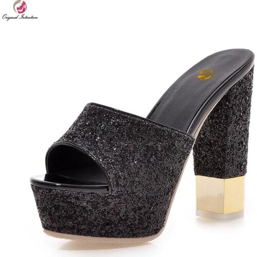 Original Intention Super Sexy Women Pumps Glitter Open Toe Square Heels Pumps Black White Gold Silver Shoes Woman US Size 3-10.5