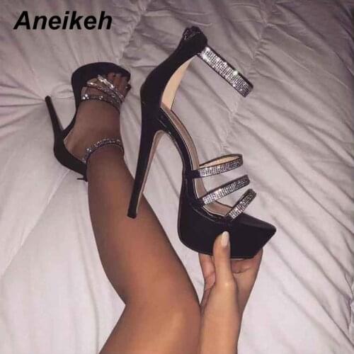 Aneikeh NEW Sexy 14.5cm Ultra High Heels Rhinestone Sandals For Women Summer Platform Open Toe Shoes Ladies Party Pumps 32-42
