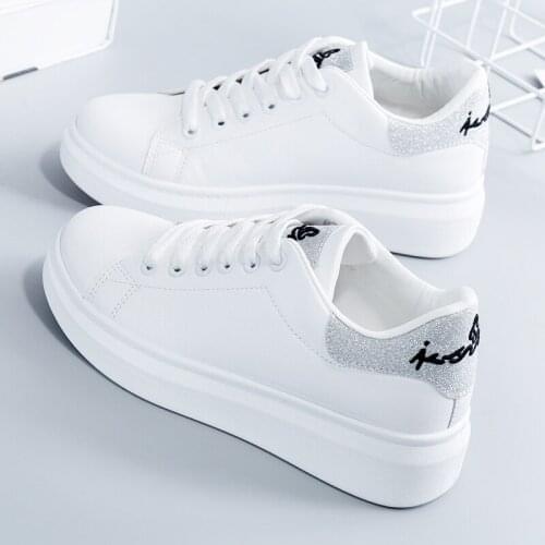 2020 New Bling Shine Chunky Sneakers Casual Shoes Woman Flats Solid Leather Vulcanized Shoes Lace Up Flat Platform Women Shoes