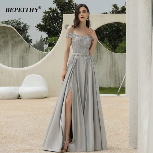 BEPEITHY Off The Shoulder Sliver Long Evening Dresses Luxury Party For Women Sexy Beading Floor Length Prom Gown High Slit 2021