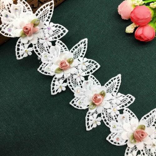 1 yard Soluble 3D Diamond Rose Flower Organza Laces Fabric Embroidered Handmade Applique Lace Trim Ribbon Garment Sewing Craft