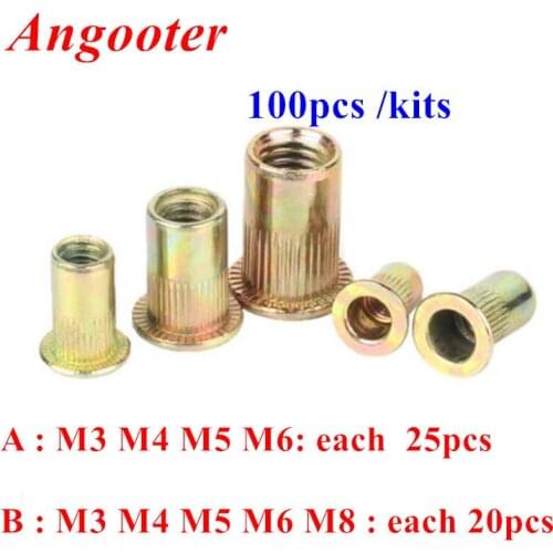 100pcs M3 M4 M5 M6 M8 Rivet Nuts Assortments Kits Threaded Nut Flat Head Blind Rivet Insert Nuts Rivnuts Nutsert Cap Nuts