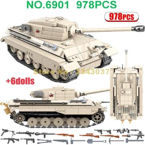 100066 978pcs Military German King Tiger Tank Army Ww2 6 Soldier Weapon Building Blocks Toy