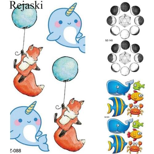 3D Watercolor Dolphin Temporary Tattoo Stickers Kids Body Arm Flash Tatoos Fox Squirrel Children Waterproof Tattoo Women Planet