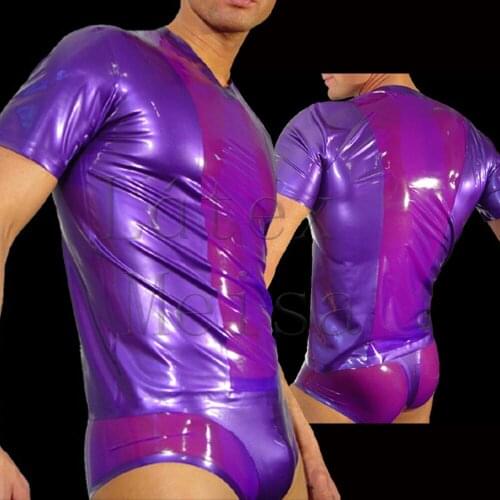 Bling metallic purple color latex t-shirt men short sleeve with 100% handmade