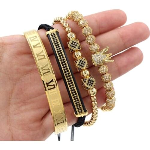 4pcs/set copper beads cz pave crown rhombic crystal ball ＆ double row crescent handmade beaded bracelet luxury unisex jewelry