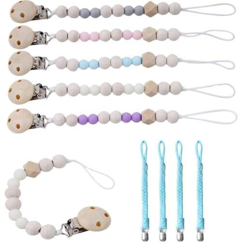 Baby Pacifier Clip Chain Beech Wooden Beads Dummy Clip Chew Pacifier Clips Leash Toys Nipple Holder Teether Anti-Drop Rope