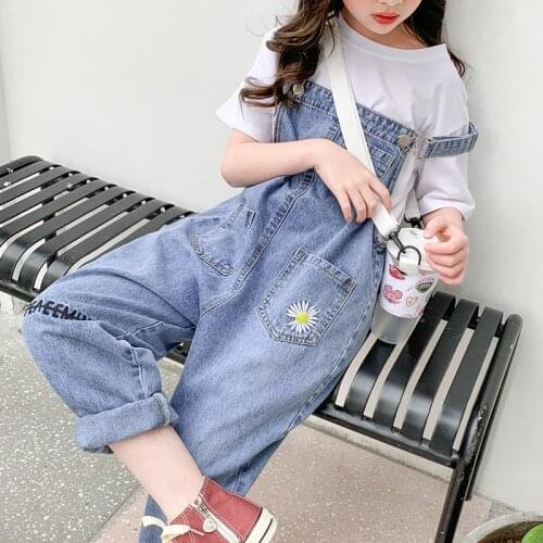 Fashion Summer Girls Overalls Daisy Embroidery Jeans Jumpsuits for Teenage School Girls Children Denim Pants Suspenders Clothes