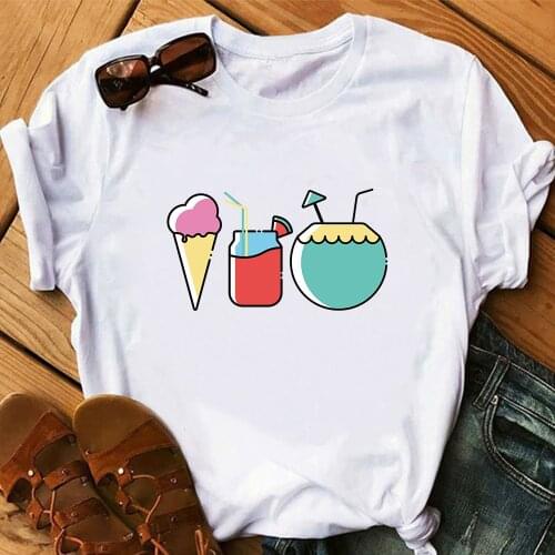 Ice Cream Drink Print T Shirt Women Fashion T-shirt Graphic Cute Cartoon Tshirt Korean Style Top Tees Female TX10030