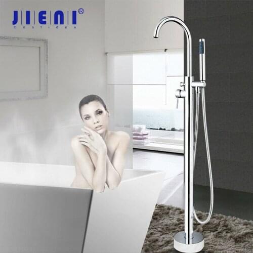 JIENI Solid Brass Chrome Nickel Black Floor Standing Tub Shower Faucet with Hand Shower Head Bathroom Shower Systerm Set Bathtub