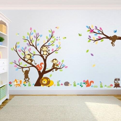 Colorful happy tree squirrel Forest Animal monkey Lion fox Wall Sticker living room Mural Decal Kids Home Decor art stickers