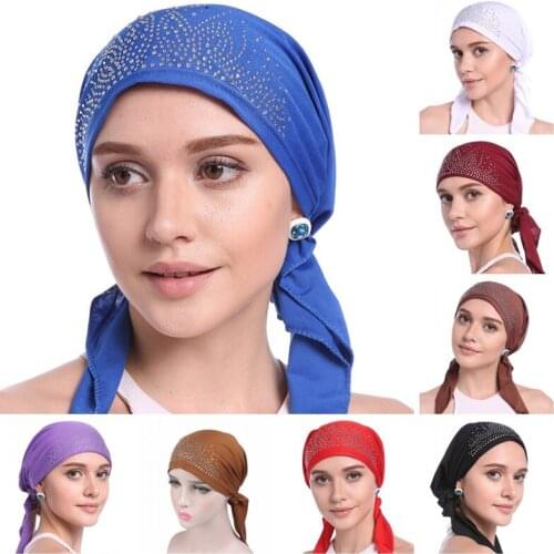 Fashion Muslim Woman Diamond Bandana Islamic Wrap Hijab Indian Bonnets Chemo Cap Hair Loss Hat Arab Female Instant Headscarf Eid