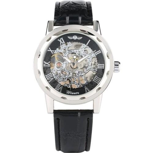 Mens Business Skeleton Watch Mechanical Hand-Wind Wristwatch Leather Strap