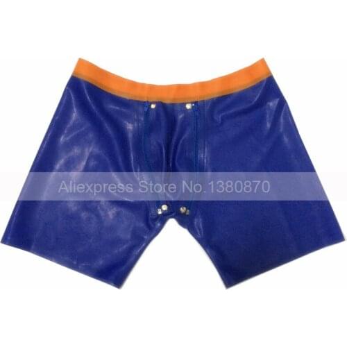 Man Rubber Latex Boxer Panties Dark Blue and Orange Blocking Shorts with Removable Crotch Piece S-LPM008