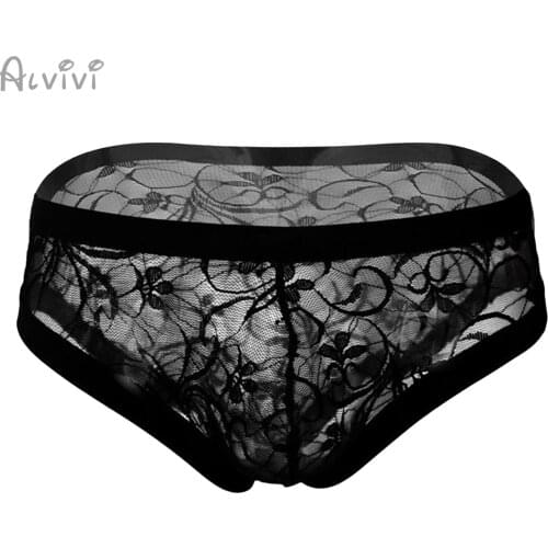 Mens Sexy Lingerie Sissy Black Lace Briefs Transparent Mesh Low Waist Hollow Out Briefs Erotic Panties Gay Underwear Underpants