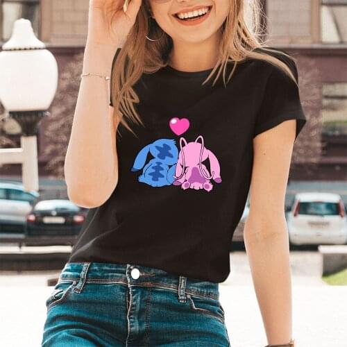 New T-Shirt Female Disneys Lilo & Stitch Series Cartoon Pattern T Shirt Kawaii O-Neck Fashion Harajuku Casual Style Angel x-624