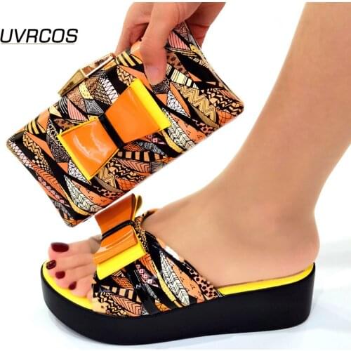 Latest Italian Design Hot Sale New Fashion Yellow Color Woman Shoes and Purse Set Elegant Nigerian Women Pumps Shoe for Party