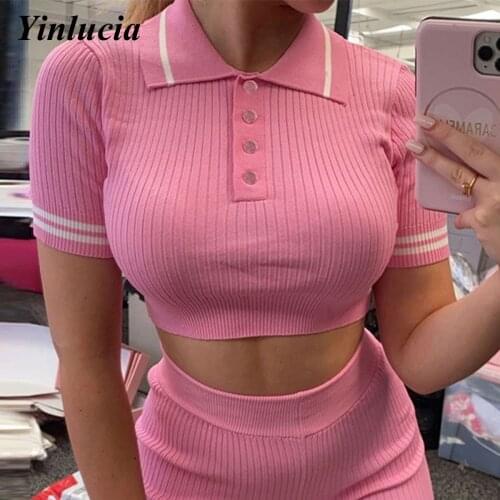 Plus Size 2021 New Two Piece Set Sexy Knitted Navel Polo Shorts Sets Slim Elastic Breathable Summer Womens Outfits Classic