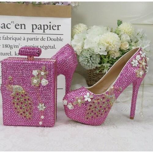 Bride Wedding High Heels Peacock Pink Crystal 10CM Ladies Platfor Round Toe Pumpsm Thin Heels Fashion Women Party Dress Shoes