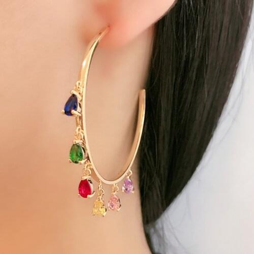 OMYFUN Fashion Hoop Earrings With Rainbow Color Teardrop Charm Earrings Big Circle Gold Color Loop Earrings For Women Bijoux E96