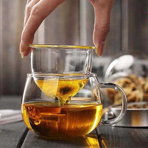 Behogar 12oz Clear Glass Teacup Cups Kettle Mini Teapot Borosilicate with Infuser Basket and Lid for Loose Tea Leaf Brewing