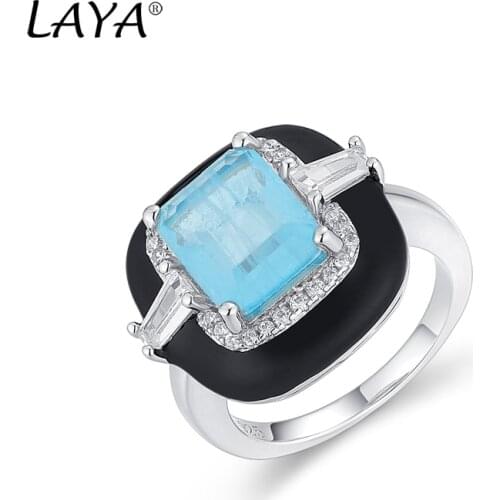 925 Sterling Silver Fashion High Quality Zircon Natural Blue Fushion Stone Black Enamel Square Ring For Women Party fine Jewelry