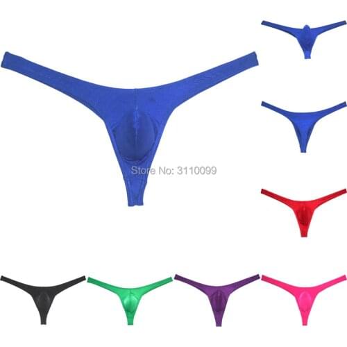 Mens Glossy Thong Underwear Stretchy Ice Silk T-back Hipster Enhance Pouch Tangas