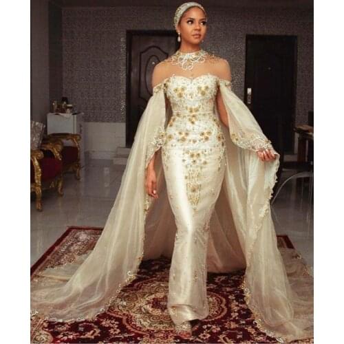 Unique Cape Sleeve Mermaid Evening Dresses O Neck Sequin Appliques Formal Gowns Organza Bead Evening Wear