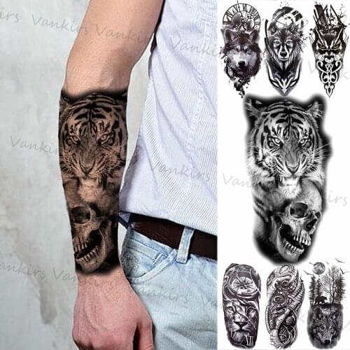 Tiger Death Skull Temporary Tattoos For Men Adults Wolf Geometric Compass Forest Moon Fake Tattoo Sticker Arm leg tatoos Boho