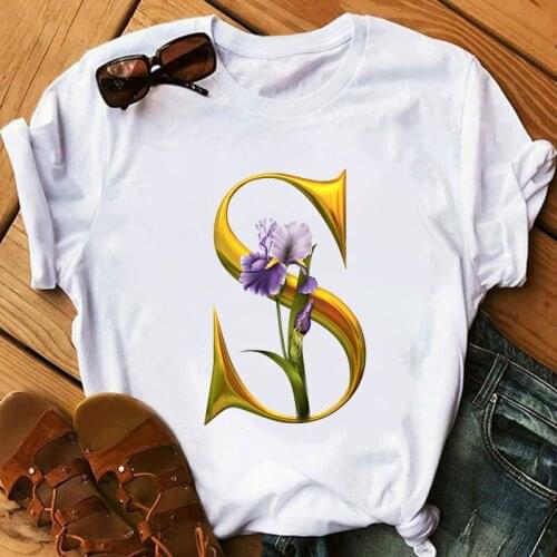 Soft White Tops 26 Alphabet Golden Letter ABCDE Flowers Print Women T shirts Female Causal O-Neck Short Sleeve Tshirts