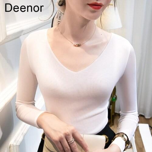 Deenor Bottoming Shirt Sexy Slim Flexible T-shirt for Women V-neck Mesh Long Sleeve 2021 Autumn Solid Elegant Bottoming Shirt