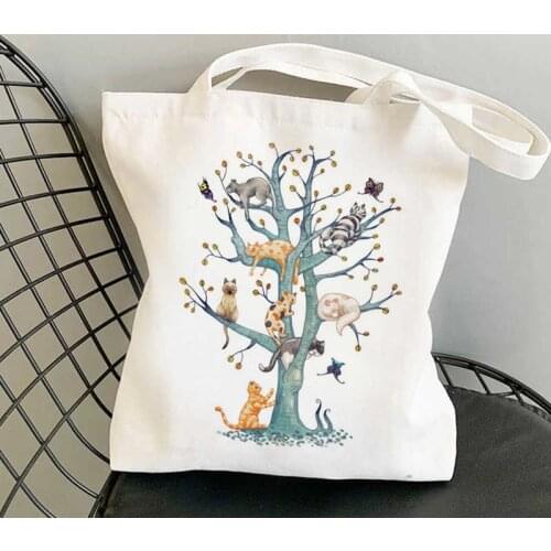 90s Style Female Canvas Bags Shopping Bags Reusable Black Cat PEW PEW Fashion Women Shopping Bag Canvas Shoulder Bag