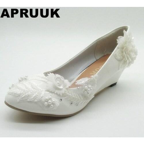 Wedges heels wedding shoes woman female womans white lace flowers bridal party shoes HANDMADE in STOCK ladies party shoes